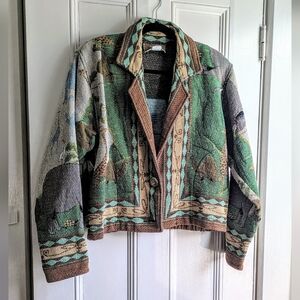 Vintage Painted Pony Noah's Ark Blanket tapestry Woven Coat W/Buttons